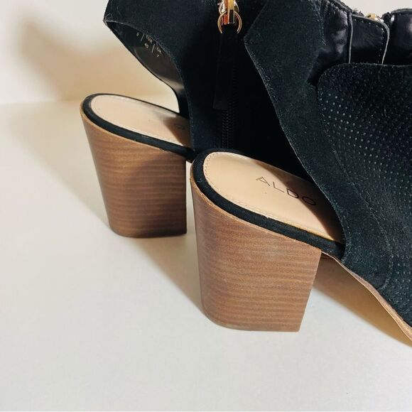 Aldo Black Suede Basket Weave Gold Zipper Peep Toe Sandal Size 9 NWT/NO BOX - Picture 12 of 14